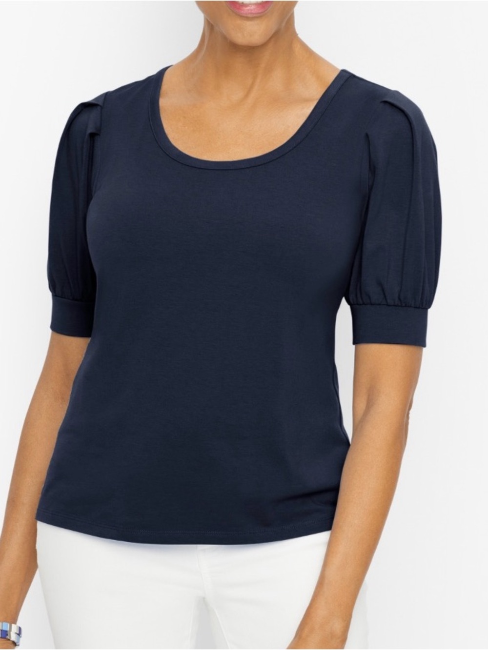 Talbots Navy Puff-Sleeve Scoop Neck Top